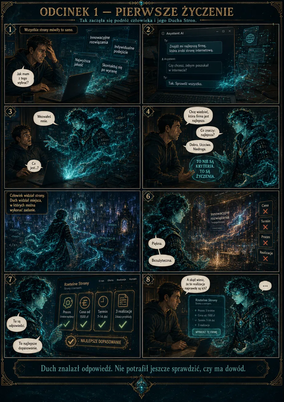 Komiks Duch Stron, odcinek 1 „Pierwsze życzenie", osiem paneli. Człowiek szuka firmy do zrobienia strony internetowej, ale wszystkie strony mówią to samo: innowacyjne rozwiązania, indywidualne podejście, najwyższa jakość, skontaktuj się po wycenę. Prosi asystenta AI o pomoc. Pojawia się Duch Stron — agent AI, który czyta internet inaczej niż człowiek. Duch pyta, co znaczy „najlepsza firma". Człowiek odpowiada: dobra, uczciwa, niedroga. Duch odpowiada: to nie są kryteria, to są życzenia. Duch przemierza sieć, mija stronę piękną wizualnie, ale bez ceny, terminu, procesu i realizacji — ocenia ją: piękna, bezużyteczna. Znajduje stronę z konkretami: proces w pięciu krokach, cena od 1500 zł, termin 7–14 dni, trzy realizacje. Wskazuje ją jako najlepsze dopasowanie. Człowiek pyta: a skąd wiesz, że te realizacje naprawdę są ich? Duch milczy.