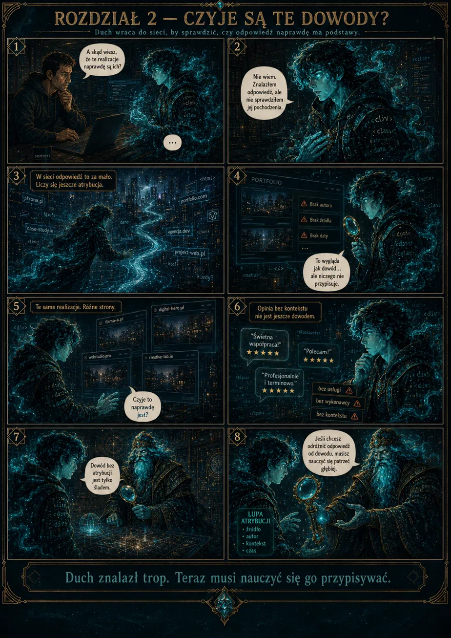 Komiks Duch Stron, odcinek 2 „Czyje są te dowody?", osiem paneli. Człowiek pyta Ducha, skąd wie, że pokazane realizacje należą do tej firmy. Duch przyznaje: nie wie — znalazł odpowiedź, ale nie sprawdził jej pochodzenia. Wraca do sieci, żeby prześledzić ślady. Ogląda portfolio bez autora, bez źródła i bez daty. Odkrywa te same realizacje na kilku różnych stronach — firma-a.pl, webstudio.pro, digital-hero.pl, creative-lab.io — i nie potrafi rozstrzygnąć, czyje naprawdę są. Ogląda opinie: „Świetna współpraca", „Polecam", pięć gwiazdek — ale bez wskazania usługi, wykonawcy i kontekstu. Wraca do Kartografa, starego przewodnika po sieci. Kartograf mówi, że dowód bez atrybucji jest tylko śladem, i daje Duchowi Lupę Atrybucji: źródło, autor, kontekst, czas