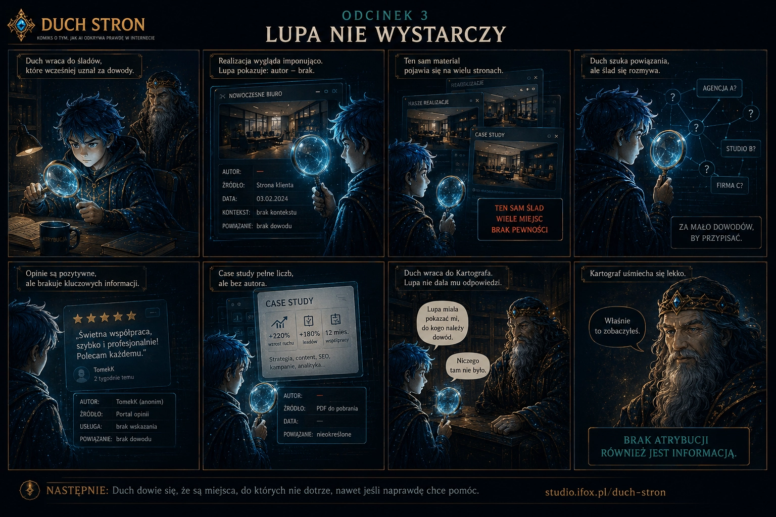 Komiks Duch Stron, odcinek 3 „Lupa nie wystarczy", osiem paneli. Duch wraca do śladów, które wcześniej uznał za dowody, i sprawdza je Lupą Atrybucji. Realizacja „Nowoczesne biuro" wygląda imponująco, ale lupa pokazuje: autor — brak, źródło — strona klienta, kontekst — brak, powiązanie — brak dowodu. Ten sam materiał pojawia się na wielu stronach: ten sam ślad, wiele miejsc, brak pewności. Duch szuka powiązania, ale ślad się rozmywa między agencją A, studiem B i firmą C — za mało dowodów, by przypisać. Opinie są pozytywne, lecz anonimowe i bez wskazania usługi. Case study pełne liczb — plus 220 procent wzrostu ruchu, plus 180 procent leadów — ale bez autora i bez daty. Duch wraca do Kartografa sfrustrowany, że lupa nie dała odpowiedzi. Kartograf uśmiecha się: właśnie to zobaczyłeś. Brak atrybucji również jest informacją.
